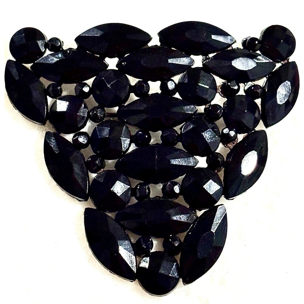 Antique Czech Black Glass Brooch Art Deco French Jet Gothic Mourning Jewelry Pin
